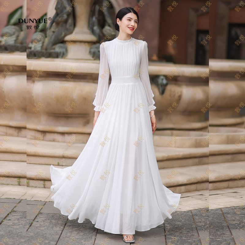 2026 New Chiffon Thin Dress with Stand Collar, Long Sleeves, White Long Skirt, Women's High-Waisted, Slim-Fit, Large Hem Style