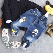 Child Jeans Spring Autumn New Pint Boy Baby Cat Paw Tattoo Graffiti Loose Tightness Waist Denim Long Pants