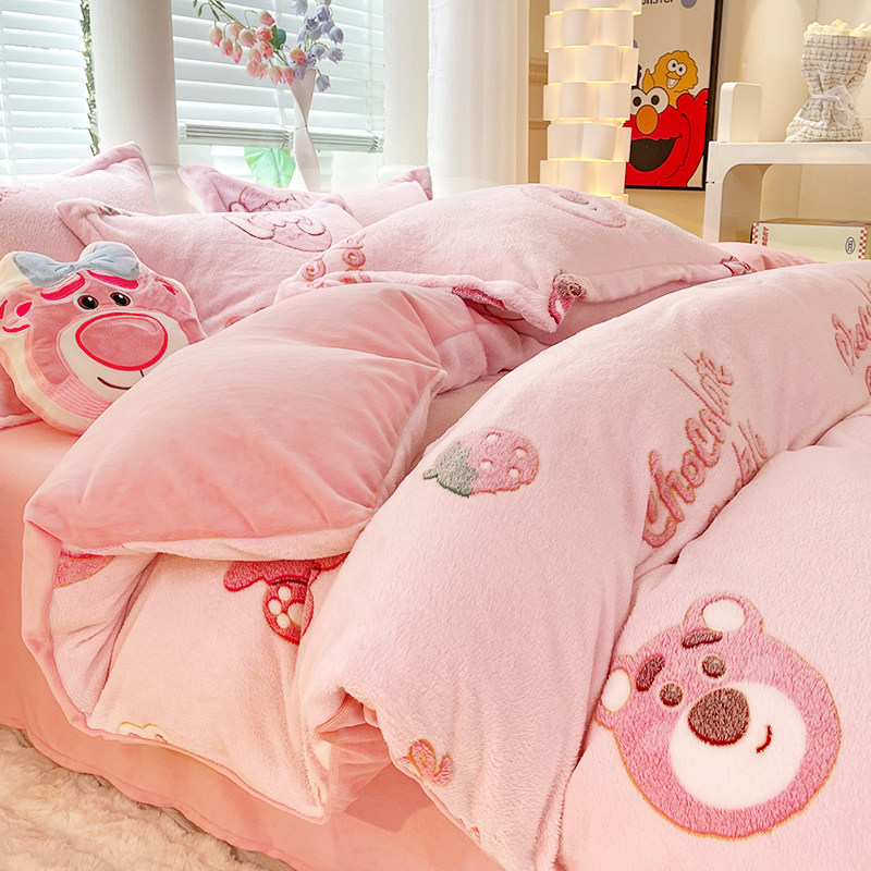 Winter Thickened Milk Suede Four Pieces Of Warm Coral Suede Bed Bedding Linen Faller Suede Quilt Cover Bed 3 4-Taobao