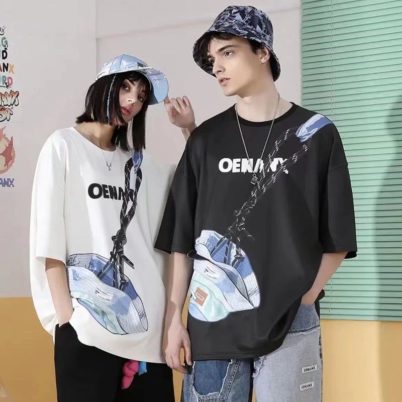 Summer New Trendy Brand Fun Zipper Pocket Hat Bag Short-Sleeve T-Shirt for Men, Loose Pure Cotton Couple Style Top