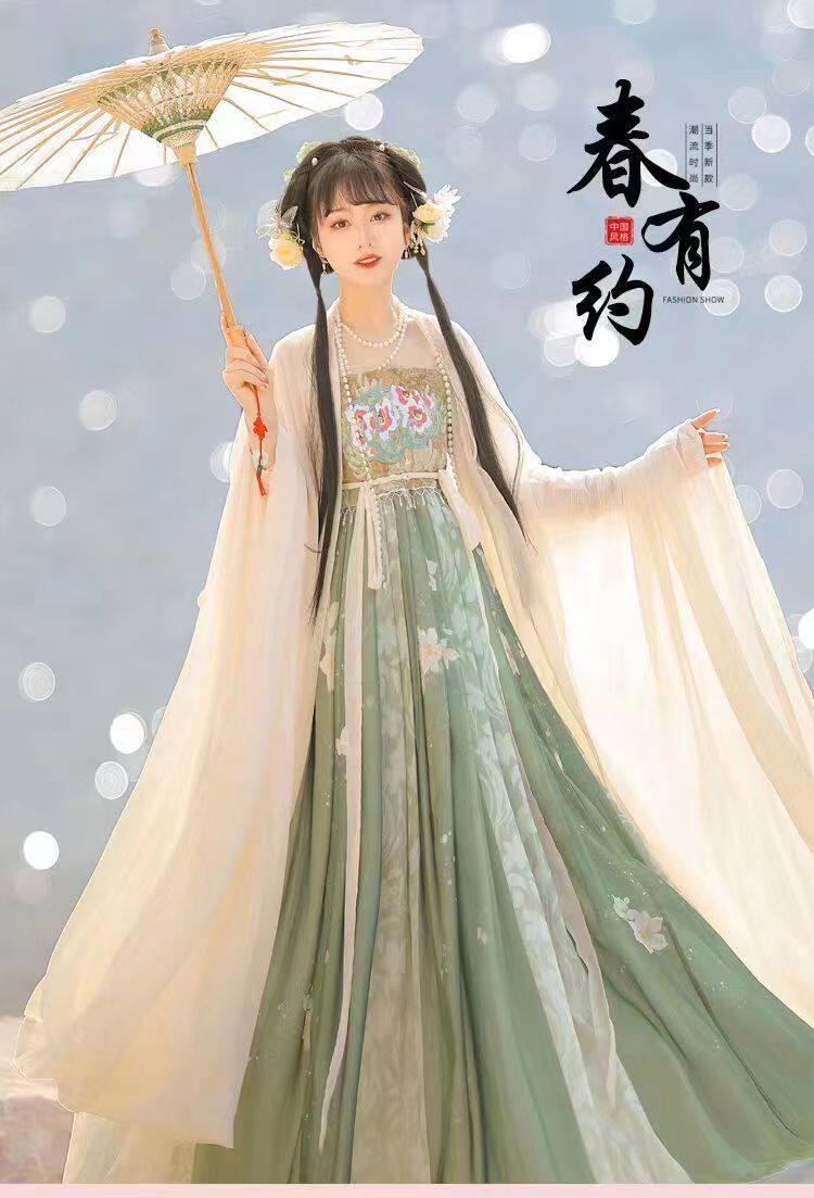 Китайцы одежда наборы 【春有约】原创唐制诃子裙汉服女大袖衫印花正品日常套装春秋款式 Tagkita