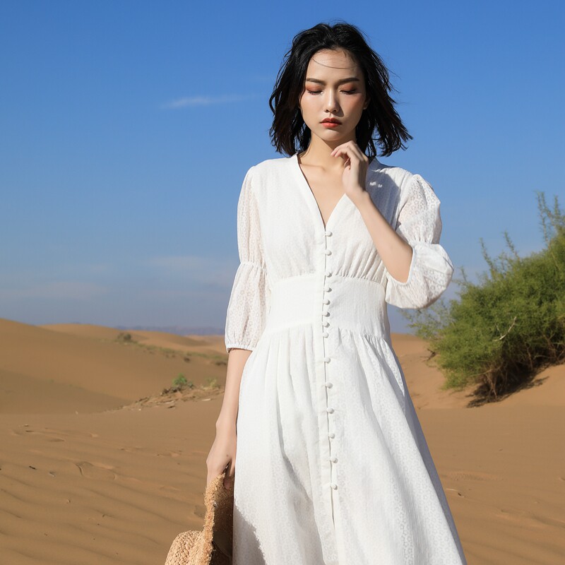 French dress court retro fairy waist thin temperament spring and summer white Photo clothes Super fairy holiday skirt