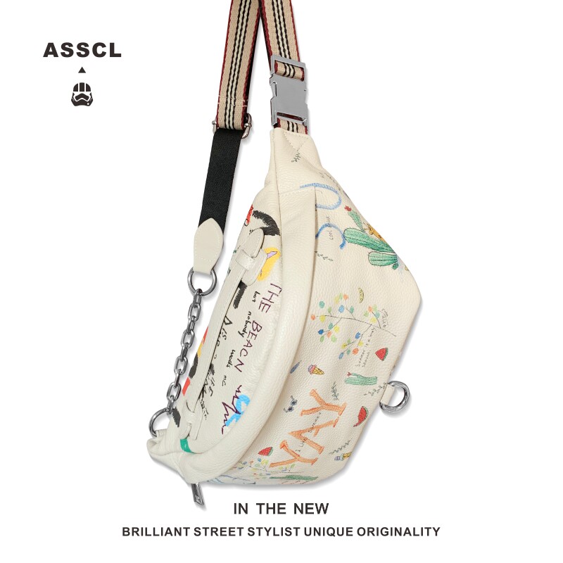 ASSCL personalized graffiti chest bag trendy men's cowhide creative chain shoulder crossbody bag street trend ins waist bag for women