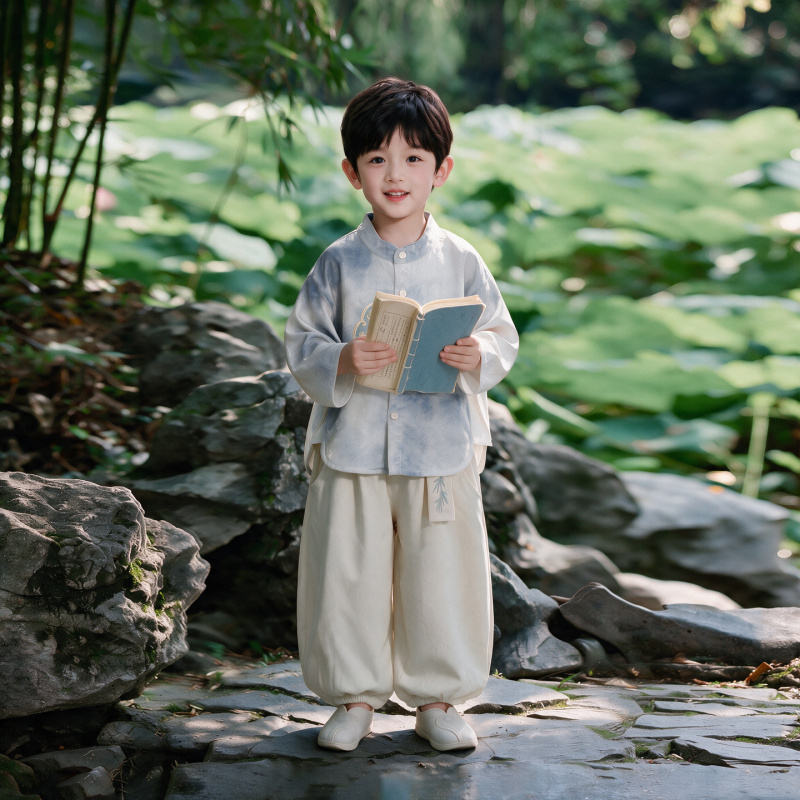 Boys' New Chinese-Style Hanfu Suit, Autumn Children's Traditional Chinese Tang Suit, Little Boy's Ancient Style Buttoned Performance Outfit, Two-Piece Set Boys' New Chinese-Style Hanfu Suit, Autumn Children's Traditional Chinese Tang Suit, Little Boy's Ancient Style Buttoned Performance Outfit, Two-Piece Set