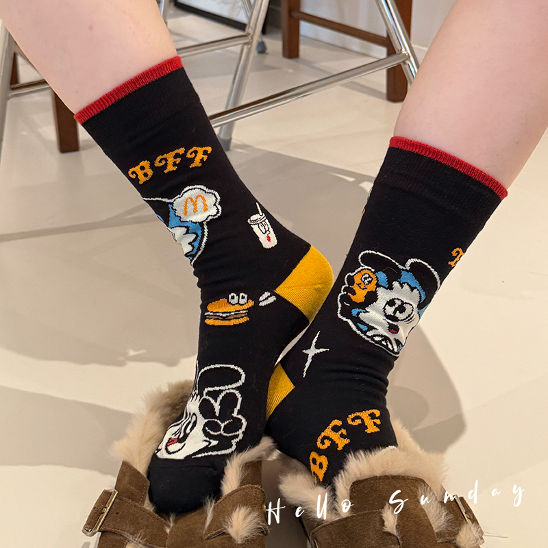 Hamburg Socks Women's Mid-Calf Socks Black Autumn and Winter Pure Cotton ins Trendy Internet Celebrity Cute Cartoon Long Socks with Unique Design Hamburg Socks Women's Mid-Calf Socks Black Autumn and Winter Pure Cotton ins Trendy Internet Celebrity Cute Cartoon Long Socks with Unique Design