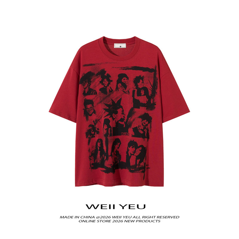Weii Yeu American Retro Character Print Design Short-Sleeve T-Shirt for Women, Loose and Versatile, Couple's Round-Neck Top