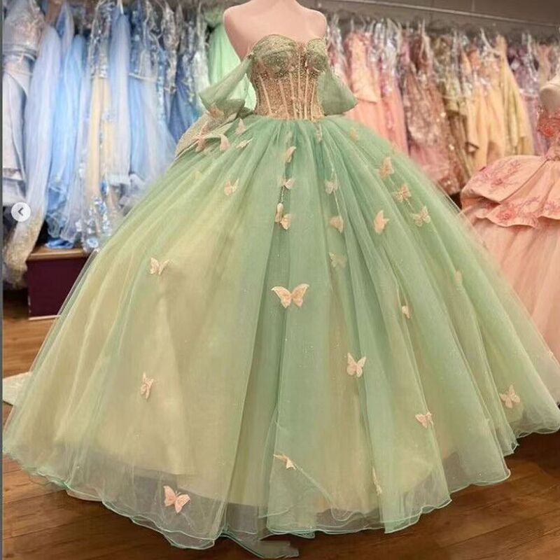 Coming-Of-Age Ceremony Dress, Green Forest-Style Simple Ball Gown, Tulle Butterfly Appliqué Strapless Evening Dress