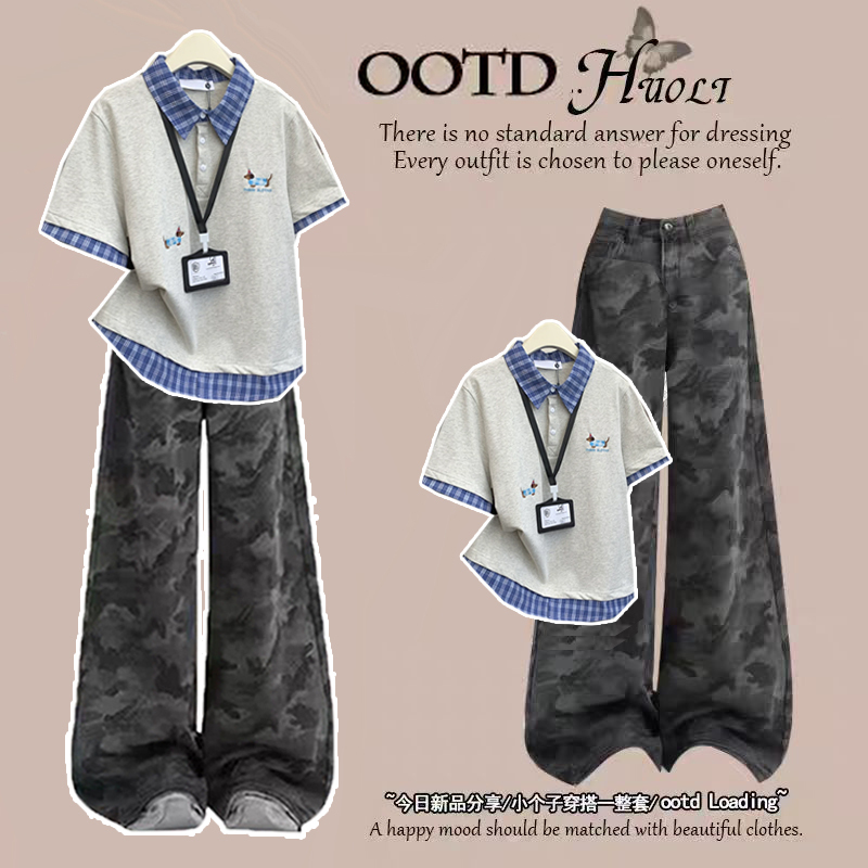 Polo Collar Short-Sleeved T-Shirt for Women, Summer Lazy College Style Loose Fit for Older Children, Two-Piece Set for Middle and High School Students