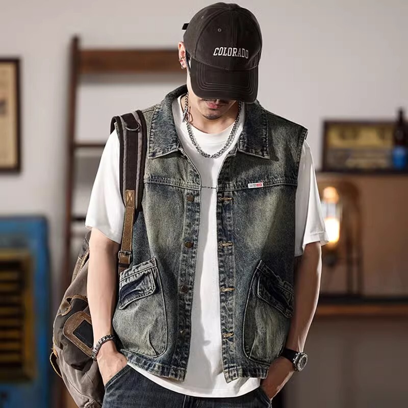High-End Retro Style Denim Vest for Men 2026 New Summer Trendy Brand Shirt Collar Sleeveless Vest Jacket for Men