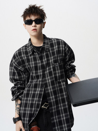 潮牌撞色格子衬衣男冬美式街头休闲长袖衬衫复古oversize情侣上衣