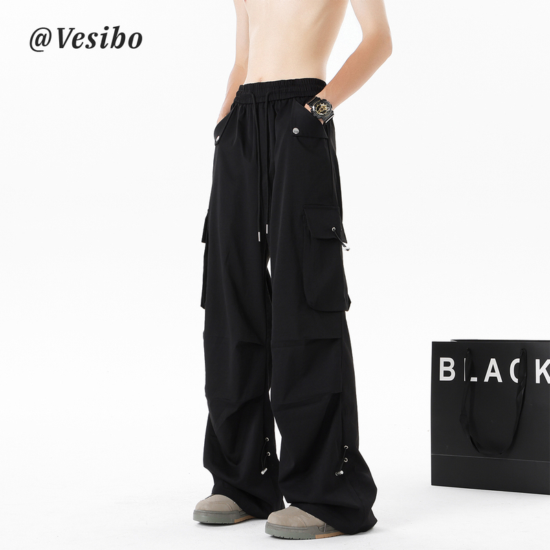 Trendy Pleated Parachute Pants for Men, Summer American High Street Style, Black Straight-Leg Cargo Pants, Vintage Versatile Casual Long Pants Trendy Pleated Parachute Pants for Men, Summer American High Street Style, Black Straight-Leg Cargo Pants, Vintage Versatile Casual Long Pants