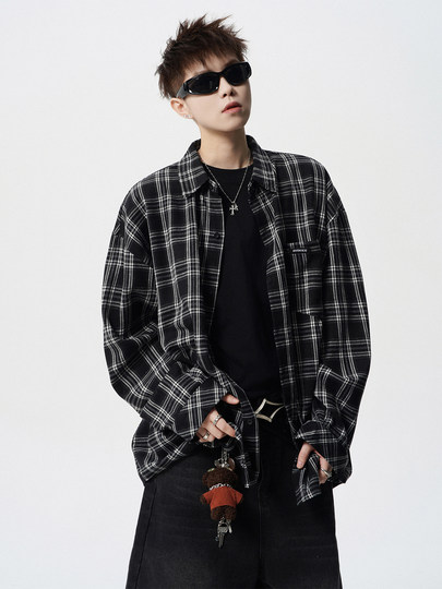 潮牌撞色格子衬衣男冬美式街头休闲长袖衬衫复古oversize情侣上衣