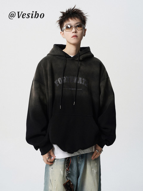 American gradient hooded sweatshirt men's autumn trendy brand old sports hoodie high street loose casual versatile jacket