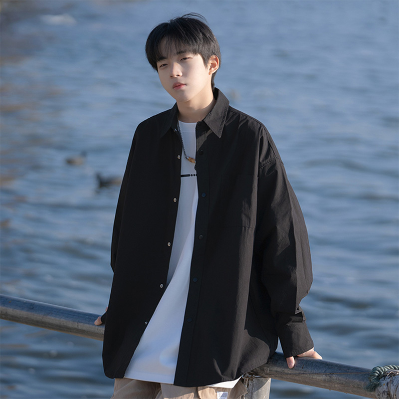 Retro Pure Color Long-Sleeved Shirt Men's Summer Heavy Cotton Lapel Jacket Japanese Style Cityboy Trendy Brand Casual Shirt
