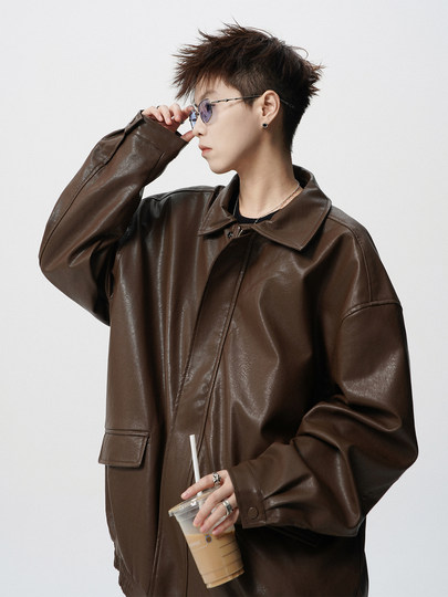 美式高街机车皮衣男冬季重磅复古翻领皮夹克cleanfit百搭情侣外套