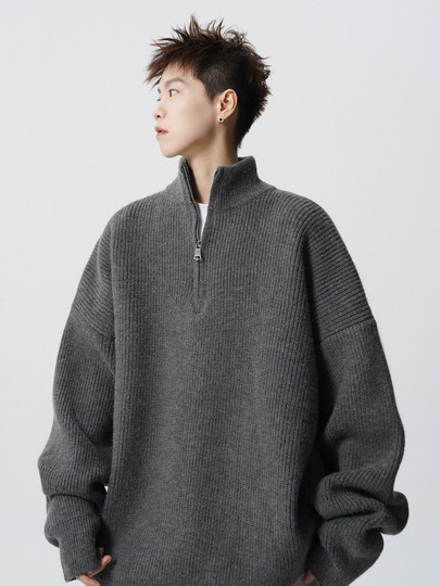潮牌半拉链毛衣外套男冬季美式慵懒风情侣针织衫oversize百搭线衣