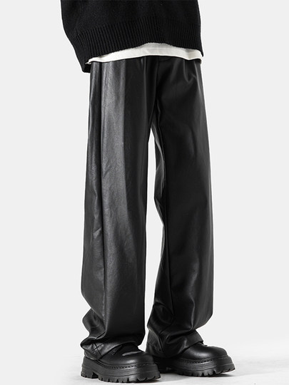 美式高街pu皮裤男冬潮牌宽松阔腿休闲裤子oversize复古百搭机车裤