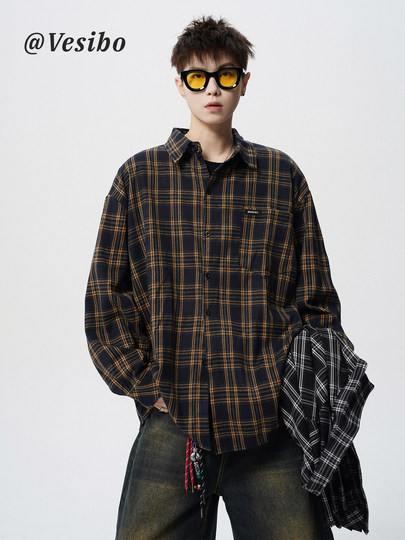 潮牌撞色格子衬衣男冬美式街头休闲长袖衬衫复古oversize情侣上衣