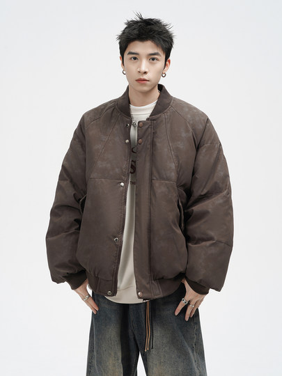 Men's Winter American High Street Baseball Jacket with White Duck down Filling, Trendy Brand Couple Style Versatile Jacket