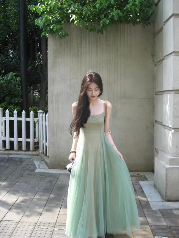 Artistic Vibe Layered Mesh Suspender Dress for Women, Wizard of oz Style, Waist-Cinching Slimming Mint Green Long Dress