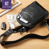Haodun chest bag mens leather tide brand retro planted cowhide shoulder bag multi-functional messenger bag simple casual mens bag