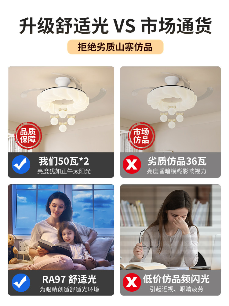 Master Bedroom Invisible Fan Light, Silent Variable Frequency Integrated Fan Light, Cream Style Full Spectrum Eye Protection Dining Room Ceiling Light
