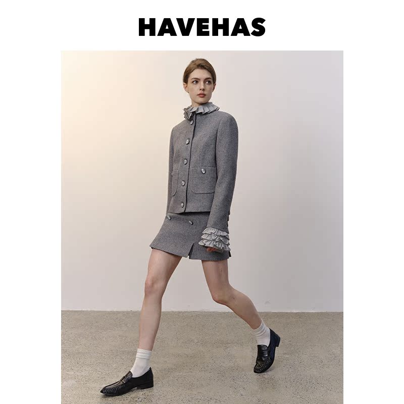 Havehas High-End Gray Series Detachable Lace Blazer Short Jacket/Double-Breasted Slit Skirt Two-Piece Set Havehas High-End Gray Series Detachable Lace Blazer Short Jacket/Double-Breasted Slit Skirt Two-Piece Set