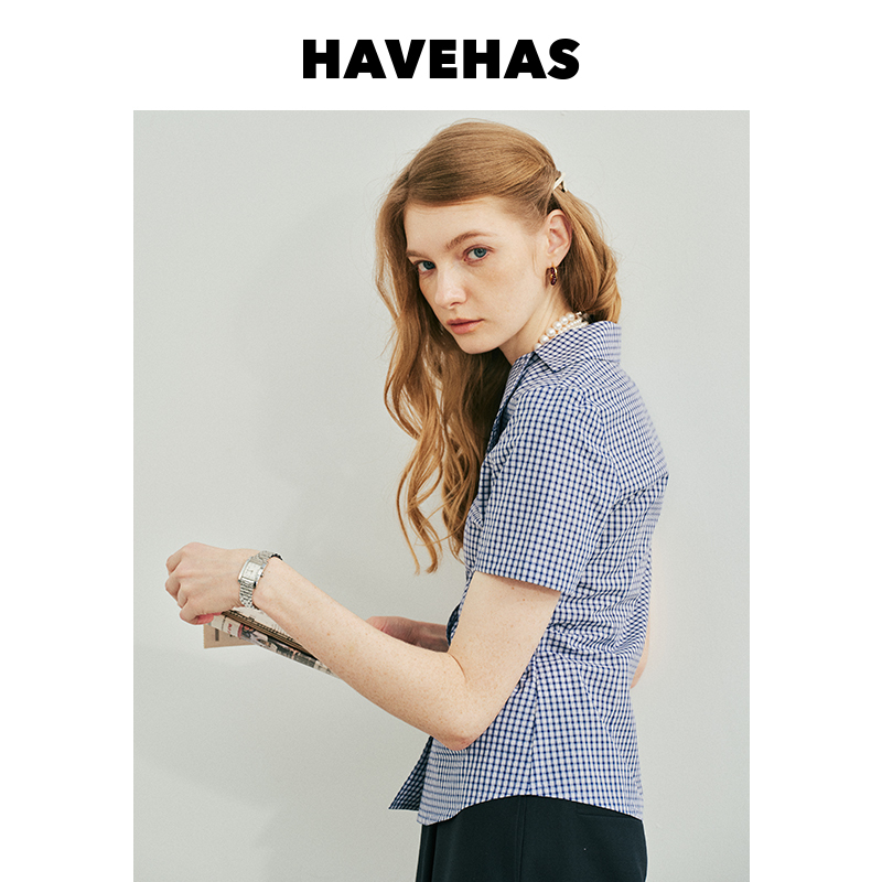 Havehas Retro Style Austrian Imported Pure Cotton Commuter Vintage Lapel Short-Sleeved Plaid Shirt