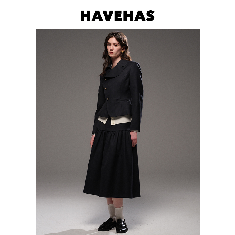 Havehas Intelligent and Stylish Retro Miu-Style Fine Wool Suit with Diagonal Placket Short Jacket/Long Pleated Umbrella Skirt