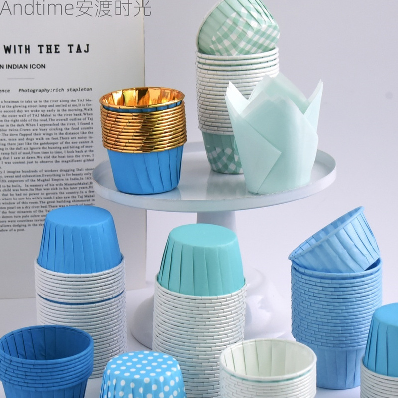 Blue Cupcake Cups, Light Blue Series, Large Paper Holders, Dessert Table Decoration, Muffin Blue and White Stripes, High Temperature Resistant
