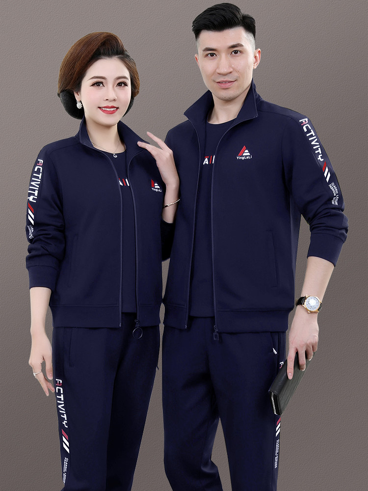Couples sports suit spring and autumn men fashion casual three-piece set middle-aged mom and dad sportswear running