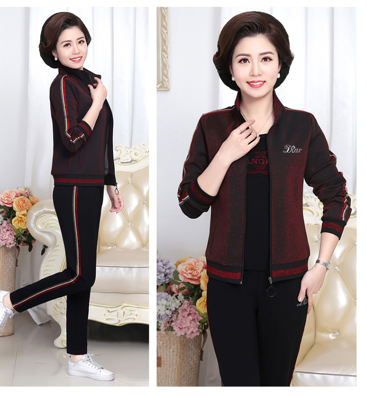 Áo khoác nữ mùa thu cho mẹ trung niên 40 tuổi 50 Bộ đồ thể thao giản dị dành cho phụ nữ trung niên mùa xuân và cotton ba mảnh mùa thu - Thể thao sau bộ thể thao lining nam
