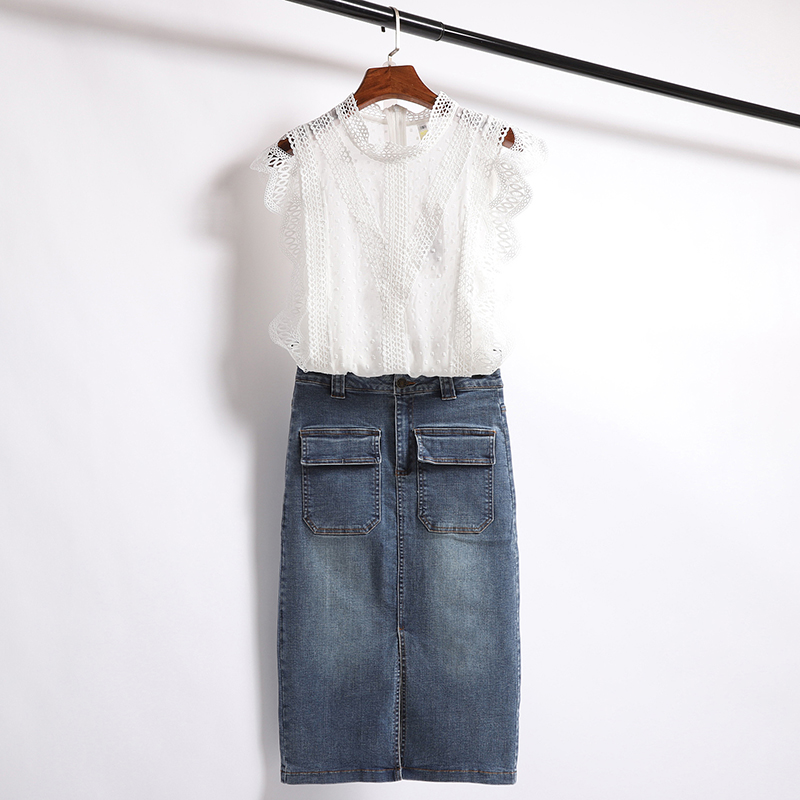 Split denim skirt suit women's autumn 2022 new sleeveless white lace lace shirt two-piece trendy