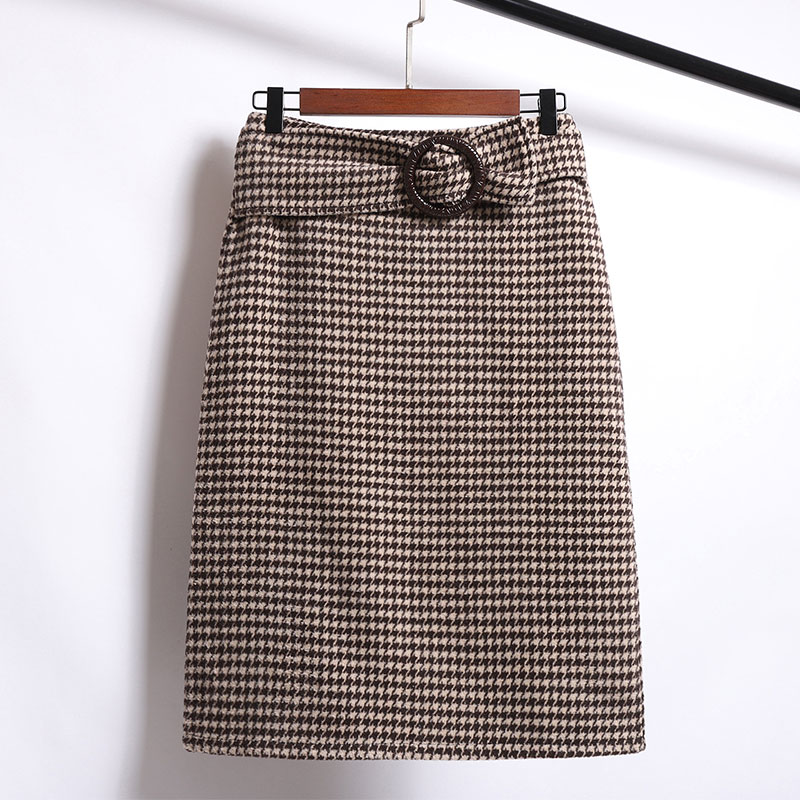 Women's woolen skirt khaki 2022 autumn and winter new high waist back slit houndstooth bag hip skirt mid-length skirt