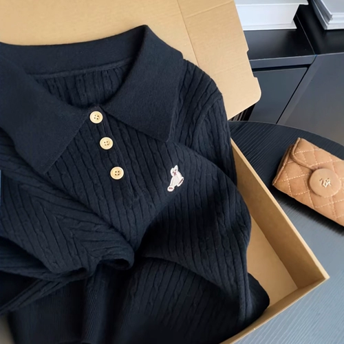 Черный демисезонный свитер, трикотажная кукла, футболка polo, с медвежатами, с вышивкой, облегающий крой