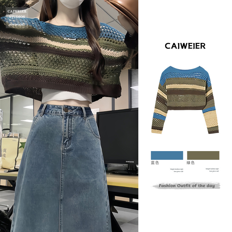Striped Color-Blocked Round Neck Ripped Hollow-Out Knit Sweater for Women, 2026 Spring Korean Style, Melina Blue Outfit Top