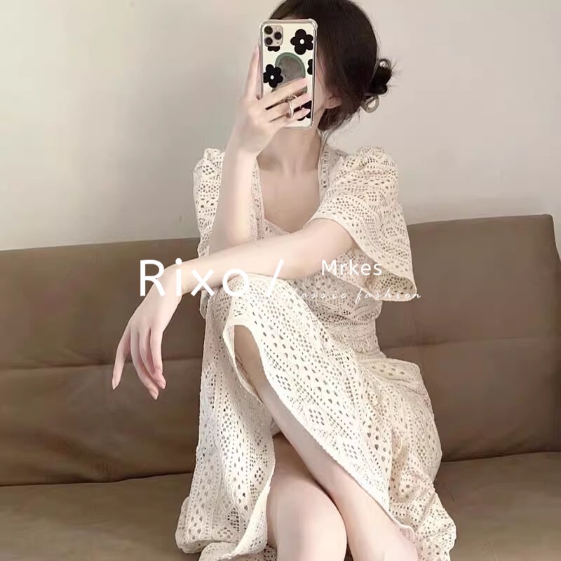 Rixo Dore French-Style Summer New Hollow-Out Embroidered Square-Neck Dress, Vacation High-Waisted Mid-Length Dress for Women