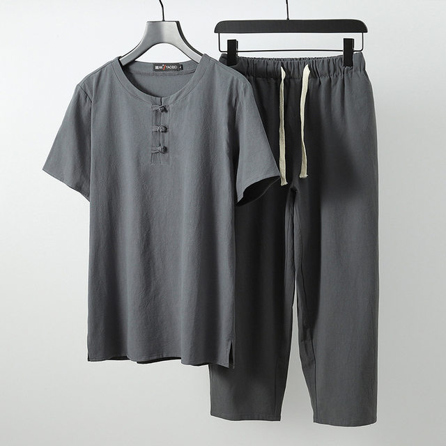 Summer Cotton and Linen Short-Sleeve Men's Plus-Size Chinese Style Loose-Fitting Linen Set for Big and Tall Men, Trendy Oversized T-Shirt 5