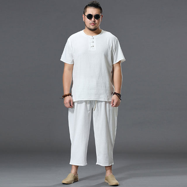 Linen suit fat man extra large size Chinese style men's clothing plus fat plus size loose fat man cotton and linen short-sleeved T-shirt 300