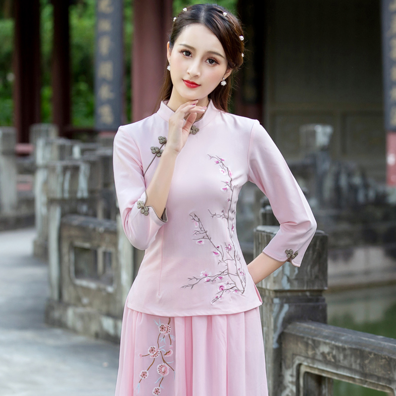 2020 mùa xuân và mùa thu mới mận thêu sườn xám áo khoác retro cải thiện gió quốc gia Tang cơ thể trang trí sườn xám hai mảnh bộ