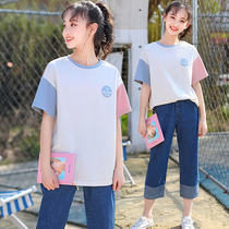 Girl suit 2021 Summer fit children Ocean gas loose Two sets CUHK Girl girl short sleeve T-shirt pants suit