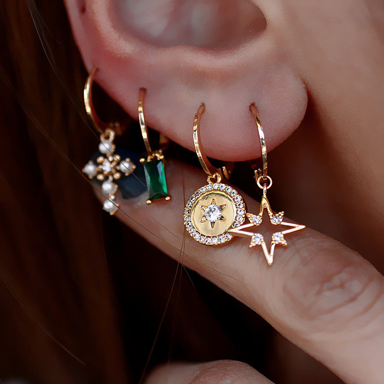 Stars Earrings Female Personality Asymmetry Tennis Red Korea Zircon Gold Coin Cross Pendant Earrings Earrings Snap