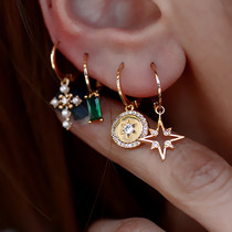 Star earrings female personality asymmetry Net red Korean zircon gold coin cross pendant earring ear buckle ins Wind