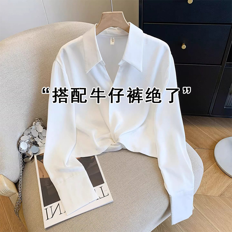 White Twisted Waist-Cinching V-Neck Shirt for Women, Long-Sleeved, Chic Blouse for Spring and Autumn, Suitable for Layering as an Inner Layer or Base Shirt