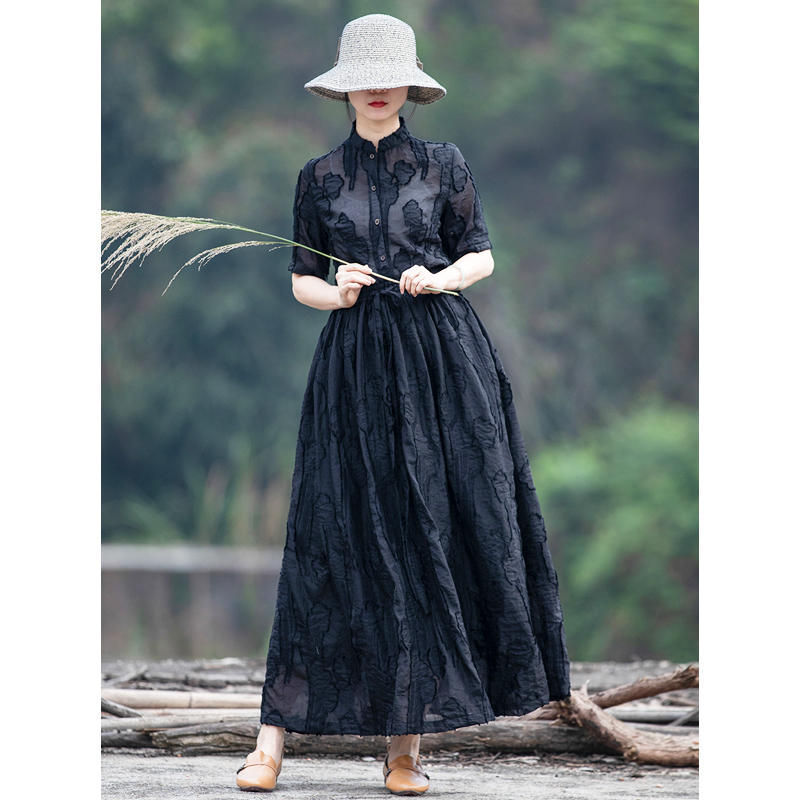 Xianyi Ju Original Designer Black Long Skirt Two-Piece Set with Stand Collar Slim Cardigan Skirt Silk Linen Jacquard Skirt Set for Women Xianyi Ju Original Designer Black Long Skirt Two-Piece Set with Stand Collar Slim Cardigan Skirt Silk Linen Jacquard Skirt Set for Women