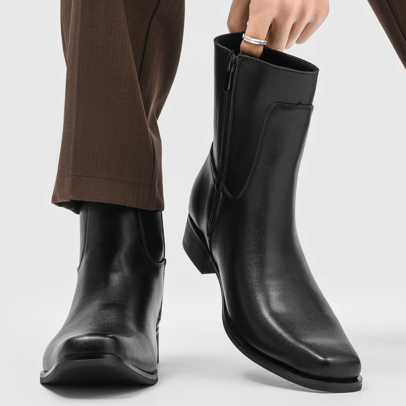 Retro Square-Toe Chelsea Boots for Men, Genuine Leather, British Style, Raised Toe, Side Zipper, High-Top Martin Boots, Mid-Top Riding Derby Boots