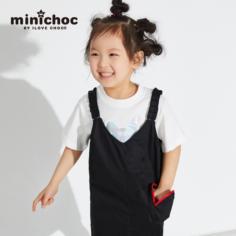 Minichoc trẻ em quần áo cô gái dây đeo váy cotton mùa hè đen sling váy không khí giữa trẻ em lớn của.