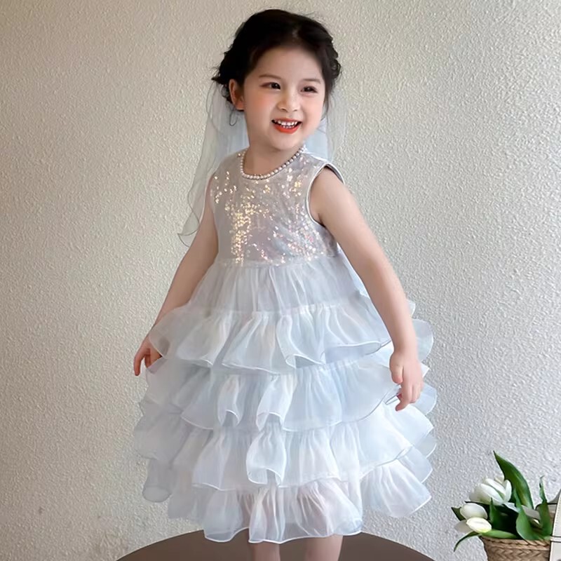 French Uamtor Girls' Pearl Collar Dress Summer Dress 2026 New Style Sequined Mesh Princess Dress Dress