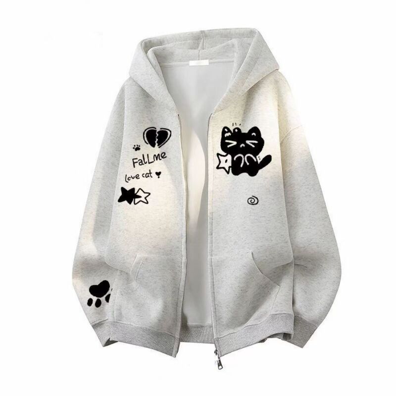 Girls' American-Style Cartoon Cat Print Hooded Cardigan Jacket, Autumn and Winter Lazy Style Zip-Up Jacket Hoodie