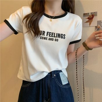 2022 summer plus size women's loose color contrast short-sleeved round neck t-shirt female fat sister looks thin inner layer top
